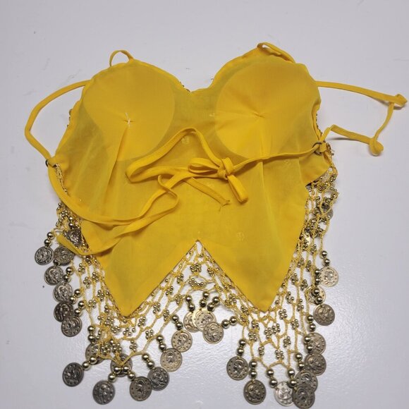 Yellow Sequin Halter Crop Top Silver Sequin Backless Belly Dancing Tops NEW - Picture 12 of 12